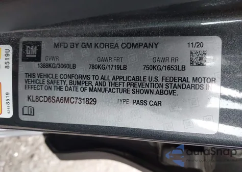 2021 Chevrolet Spark Fwd 1Lt Automatic из США, поврежденный, VIN KL8CD6SA6MC731829